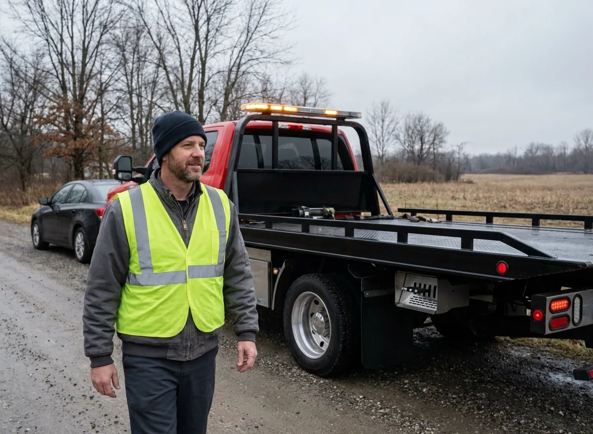 Tow truck operator in a hi-vis safety vest walking beside a flatbed tow truck on a gravel road shoulder